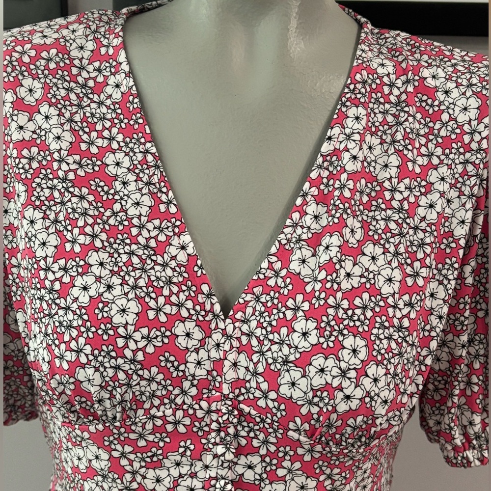 🌸 MICHAEL KORS Rose Pink Floral Mini Dress | Puff Sleeve V-Neck | Size M - Picture 7 of 13